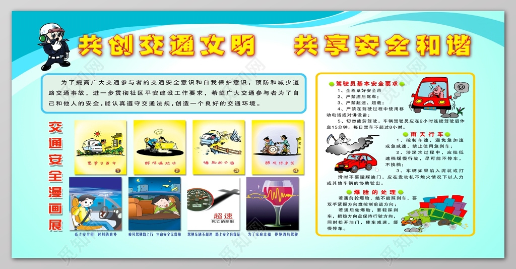 共创交通文明共享安全和谐交通安全漫画展板