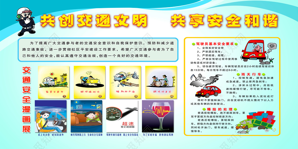 共创交通文明共享安全和谐交通安全漫画展板