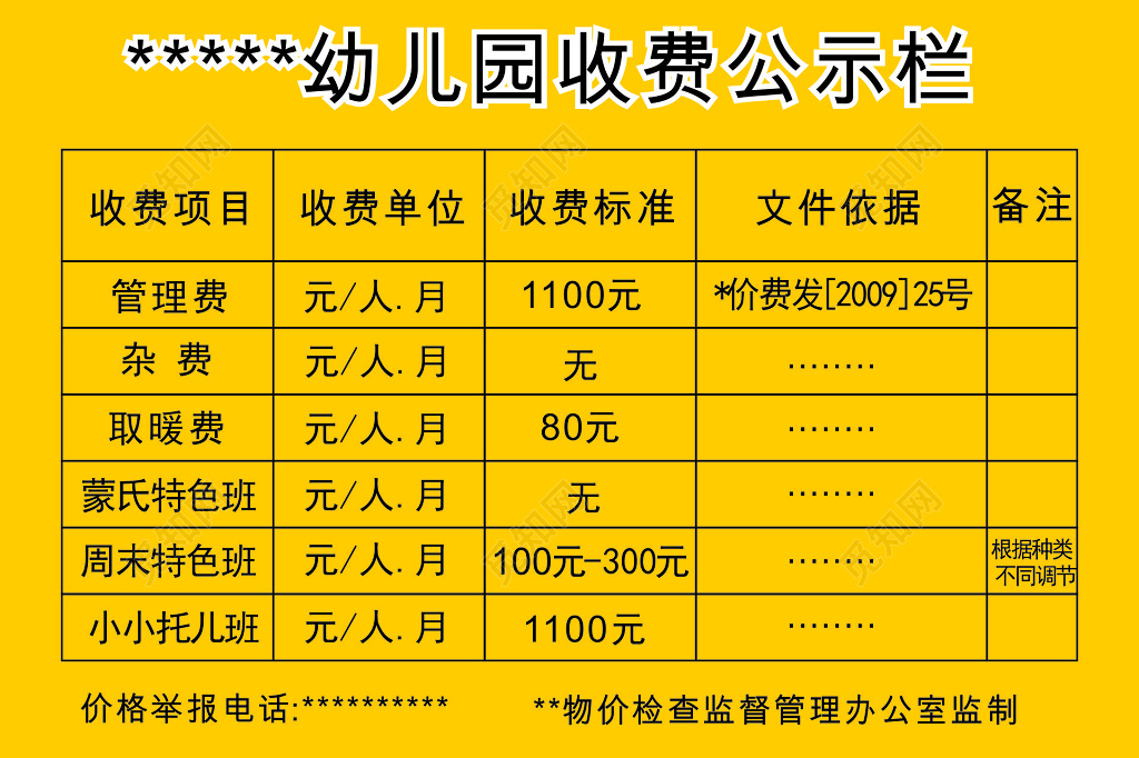 幼儿园收费公示栏展板