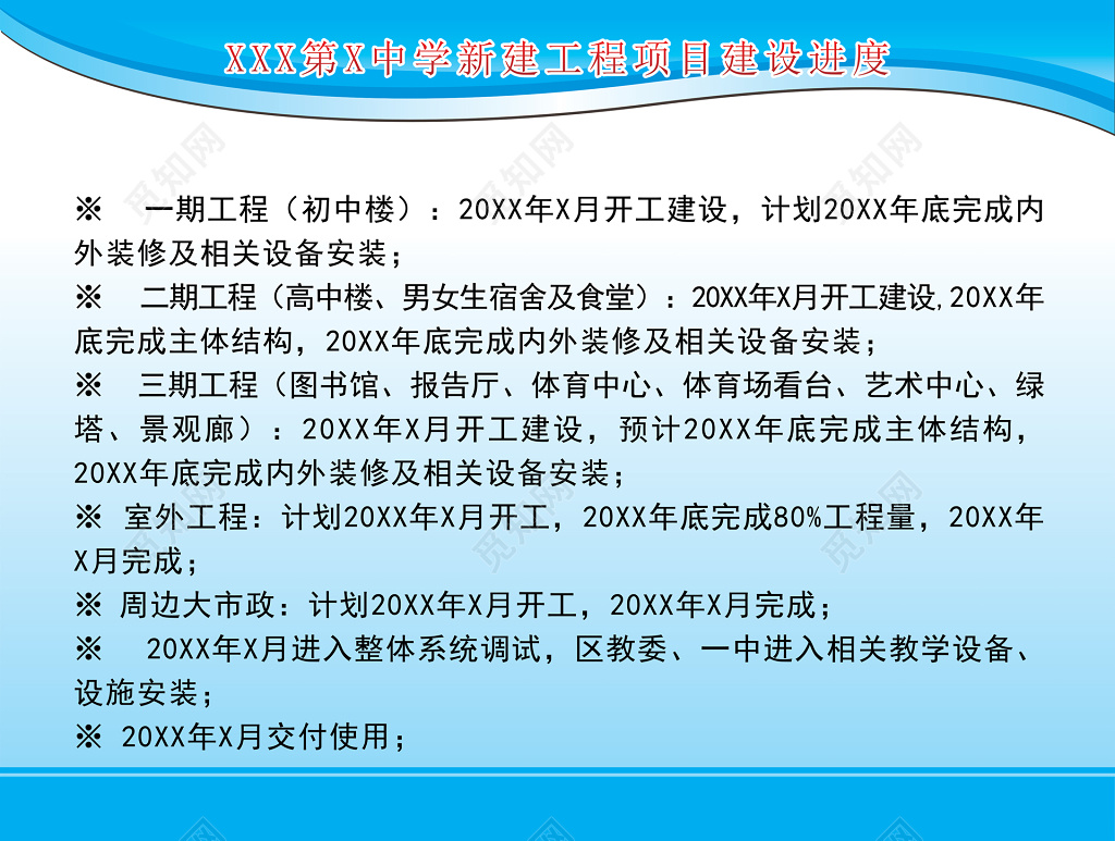 建筑工地中学新建工程项目建设进度制度牌