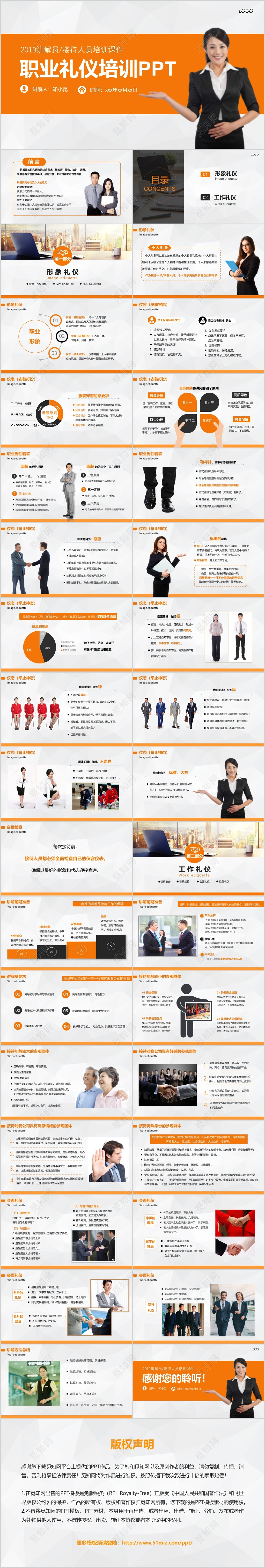 2019活力简约橙黄色商务职业礼仪讲解员培训年终总结PPT