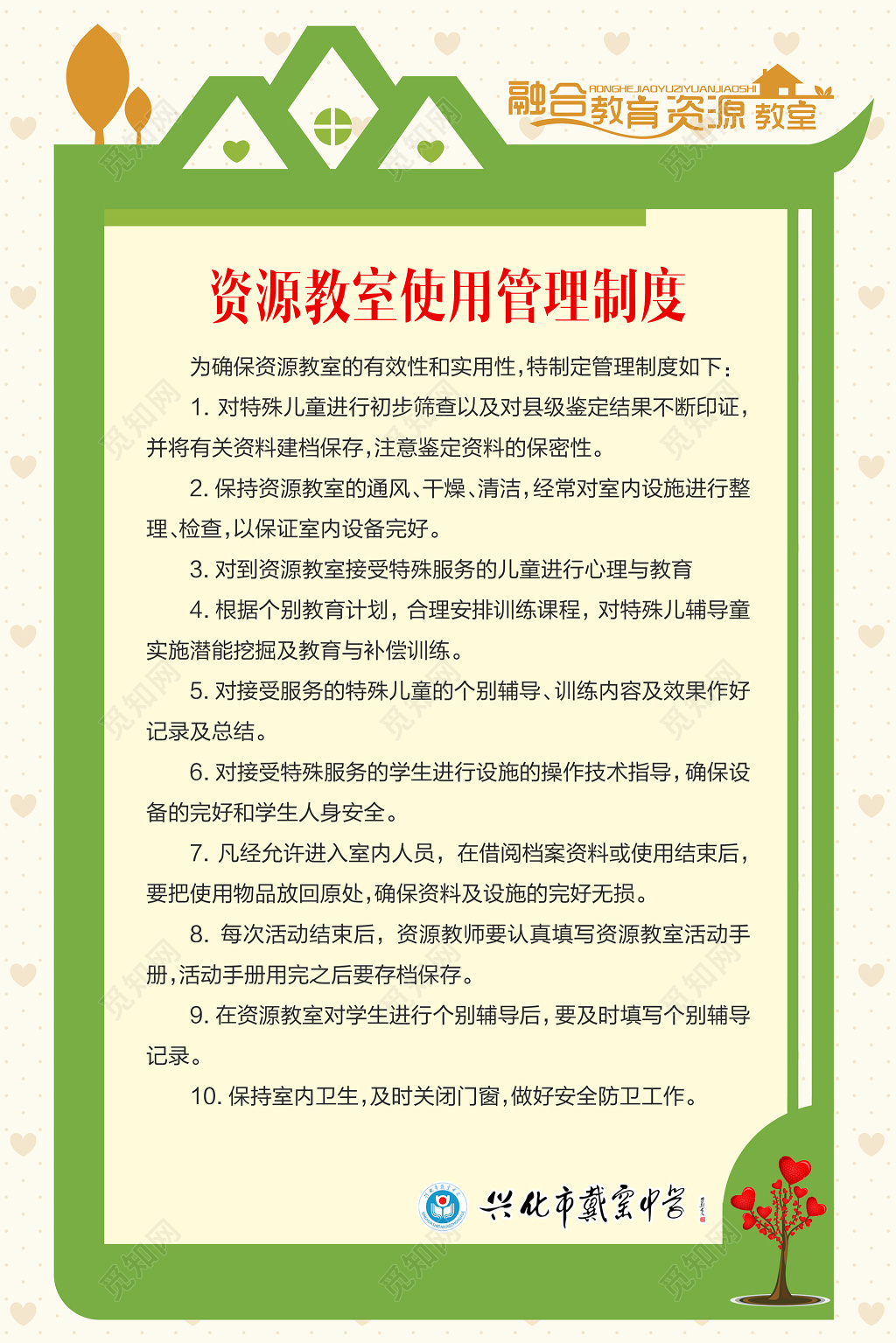 儿童融合教育资源教室使用管理制度牌