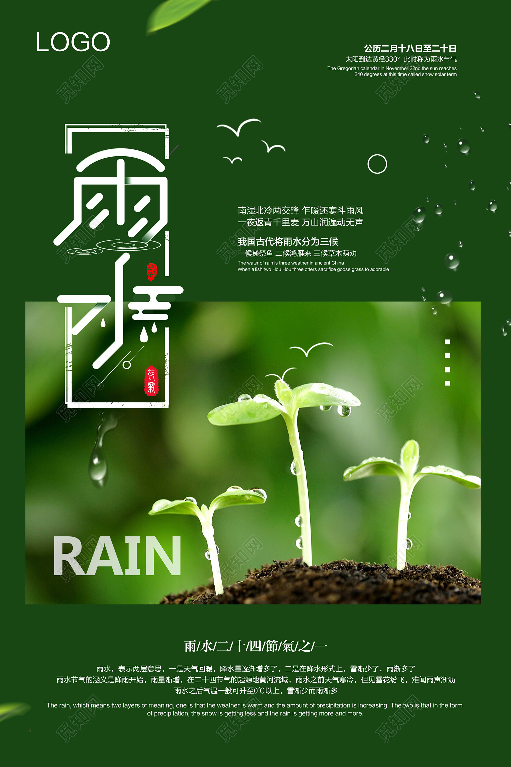 简洁二十四节气节日雨水海报设计