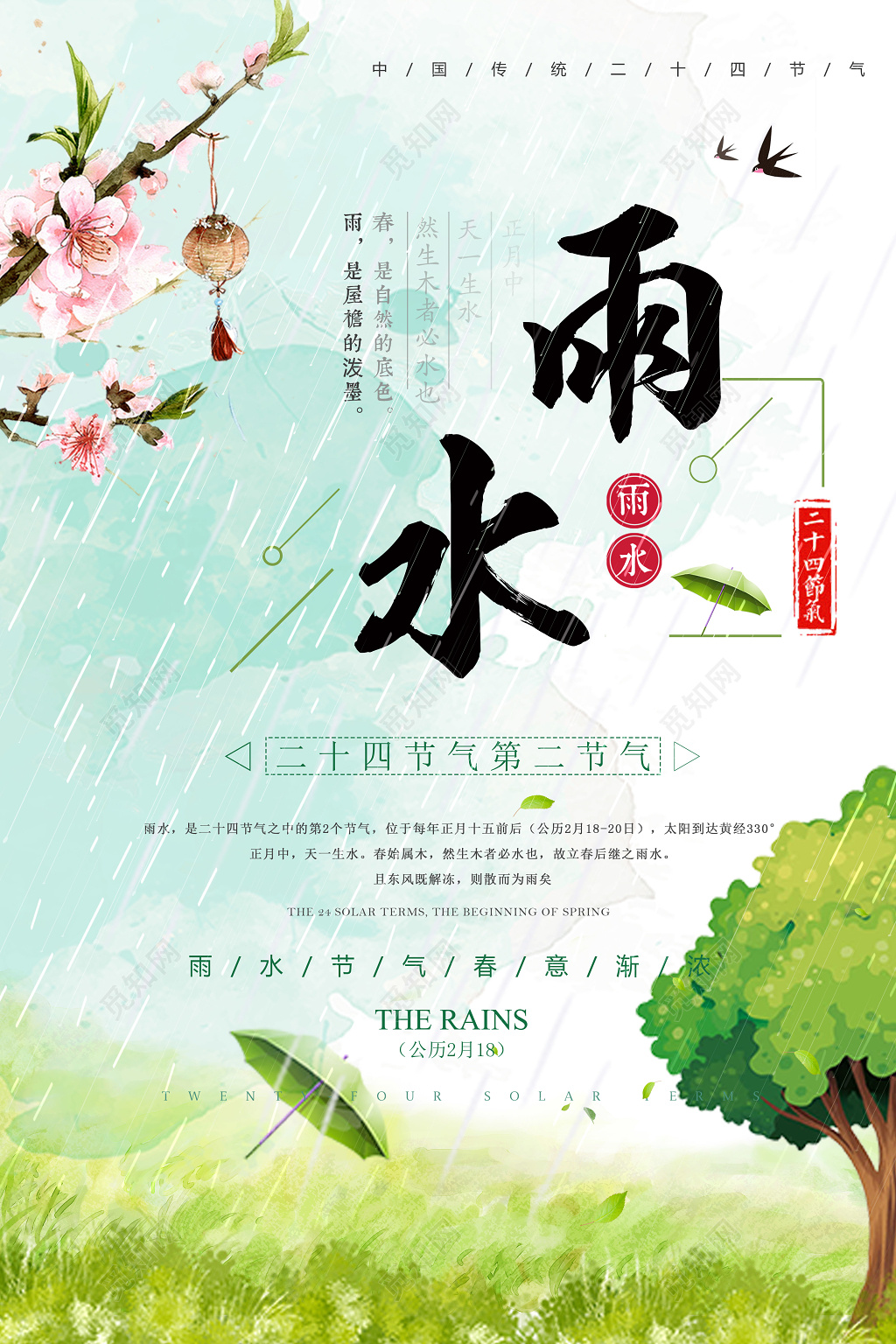 绿色简约清新二十四节气雨水节日海报设计