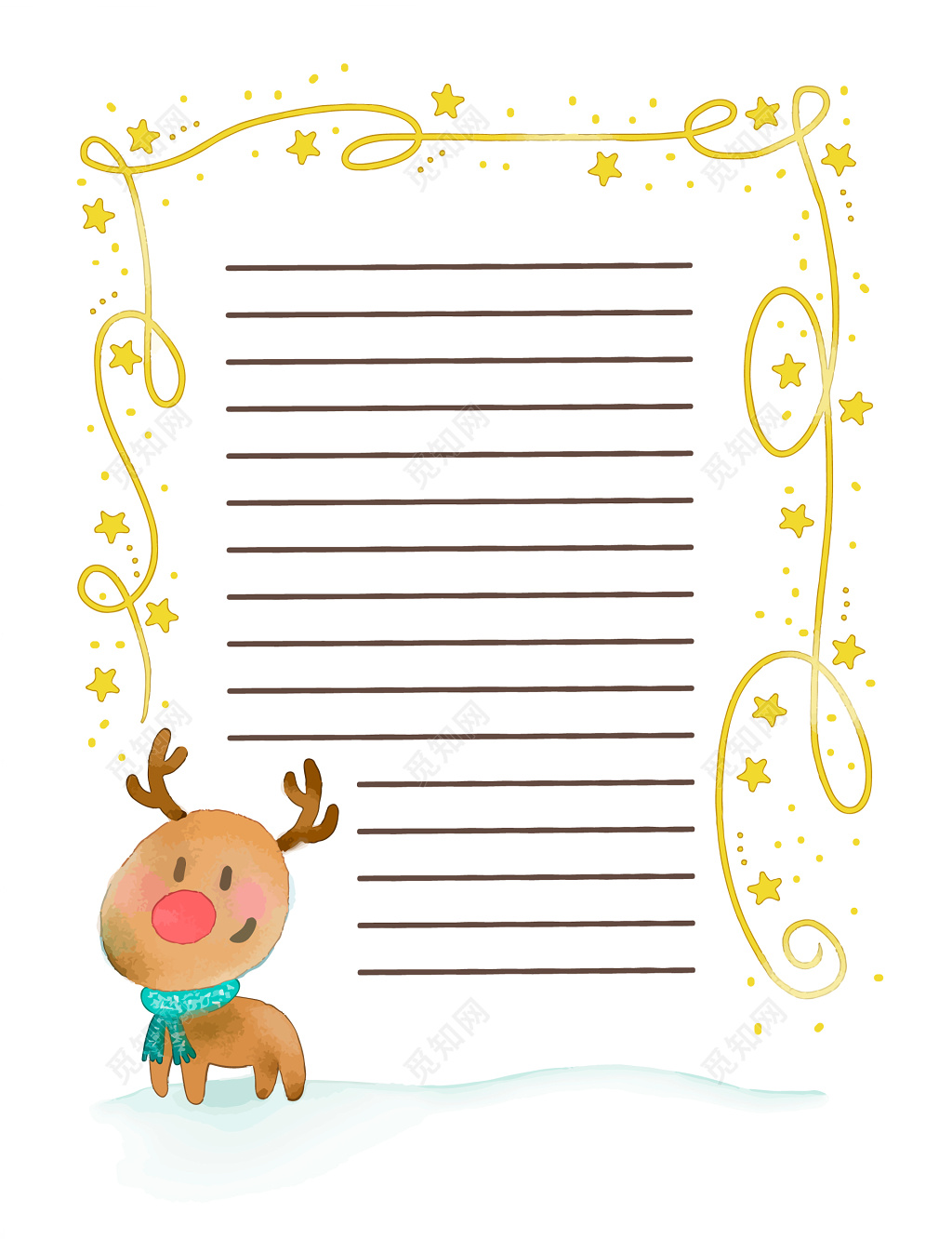 白色卡通麋鹿圣诞节信纸设计