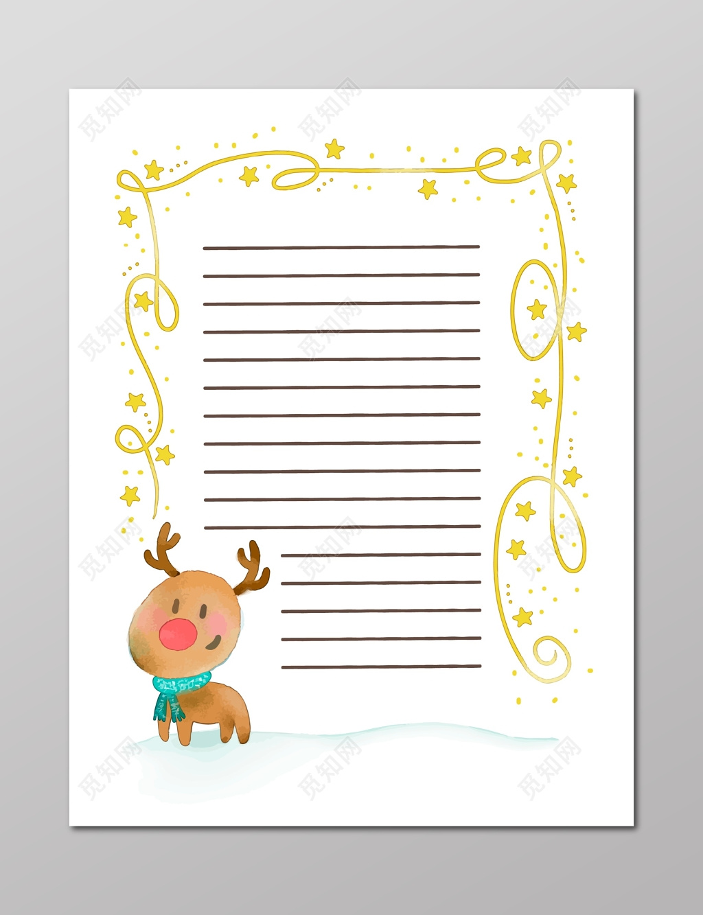白色卡通麋鹿圣诞节信纸设计