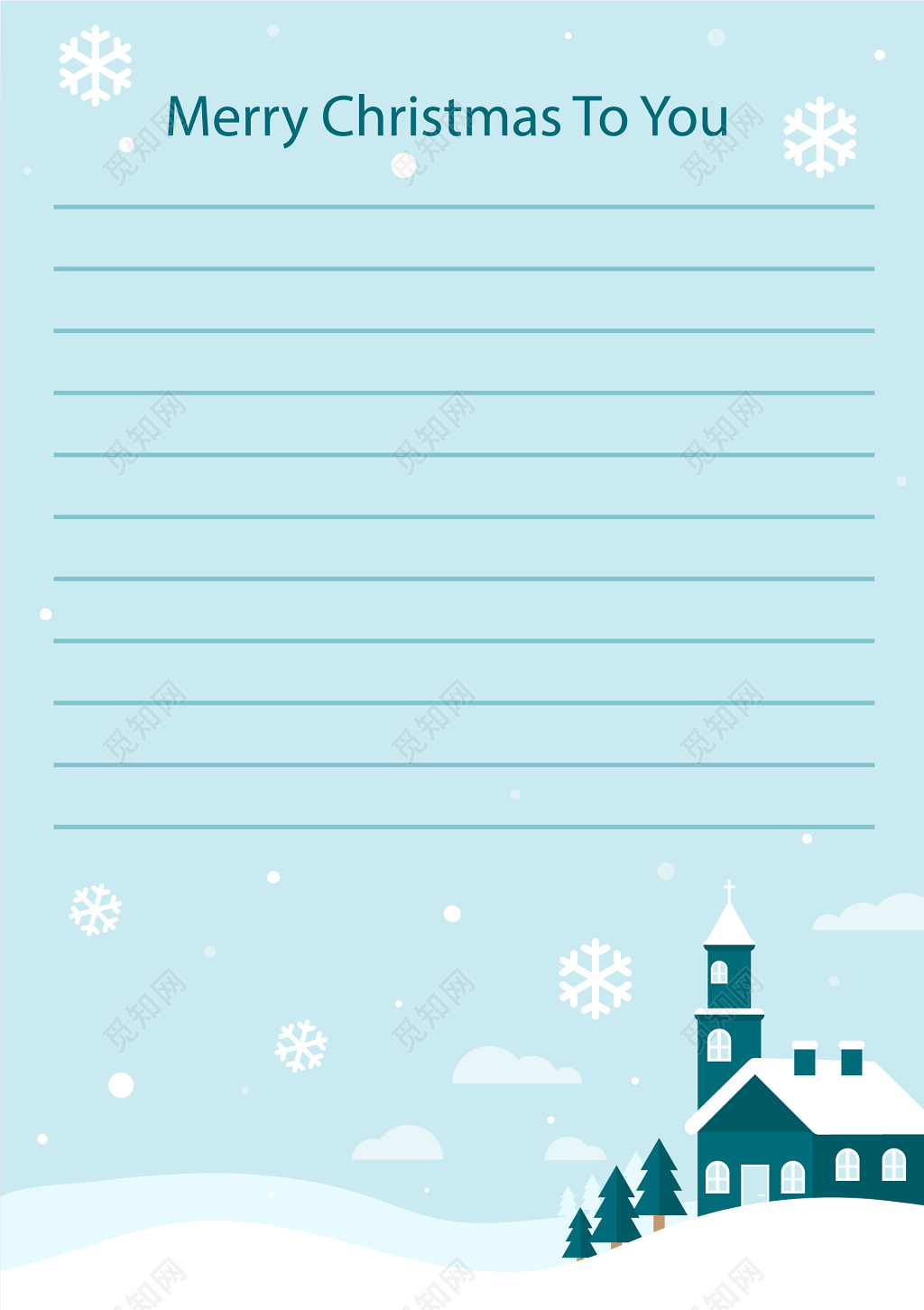 房屋雪花图案蓝色背景圣诞节信纸设计