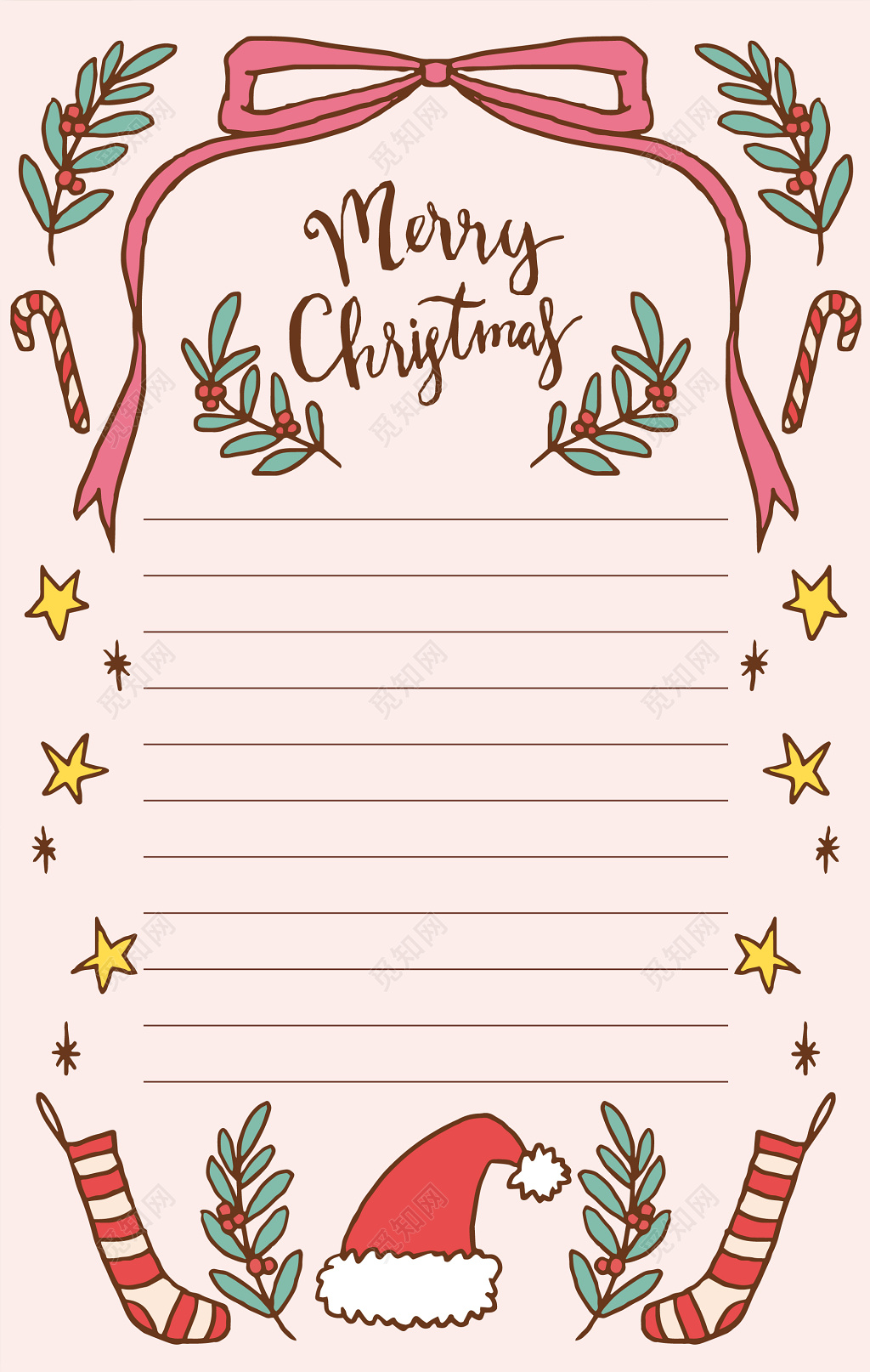 圣诞帽星星糖果图案粉色圣诞节信纸设计