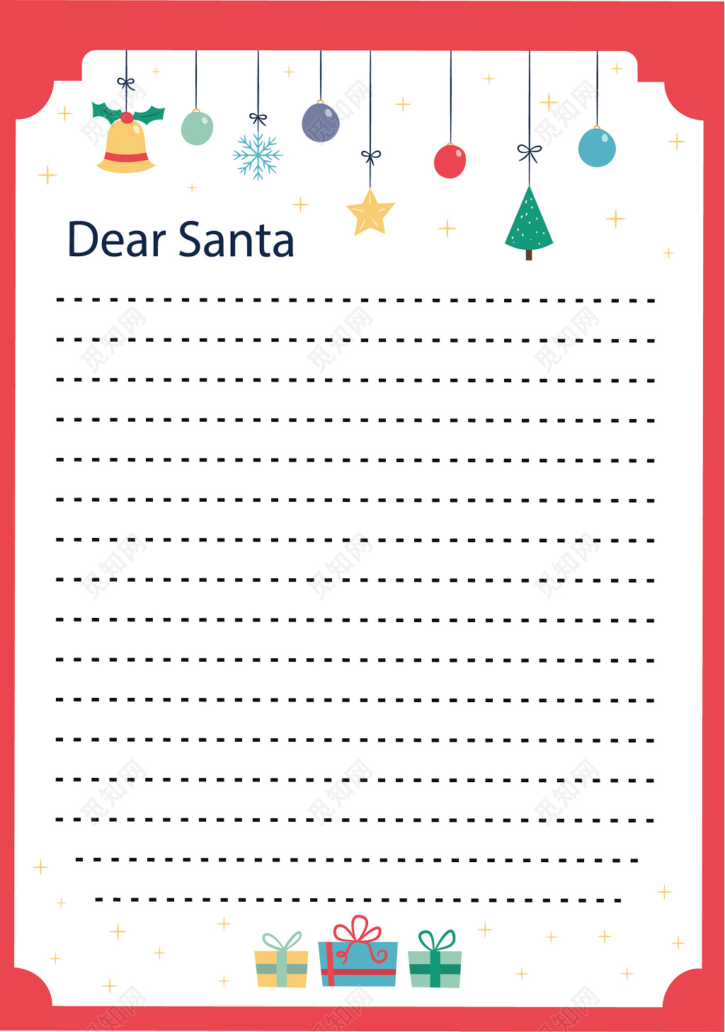 红边白色背景圣诞树圣诞铃铛圣诞节信纸设计