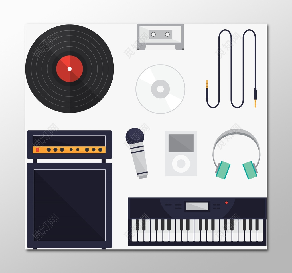 简约风格音箱话筒电子琴音乐器材元素图