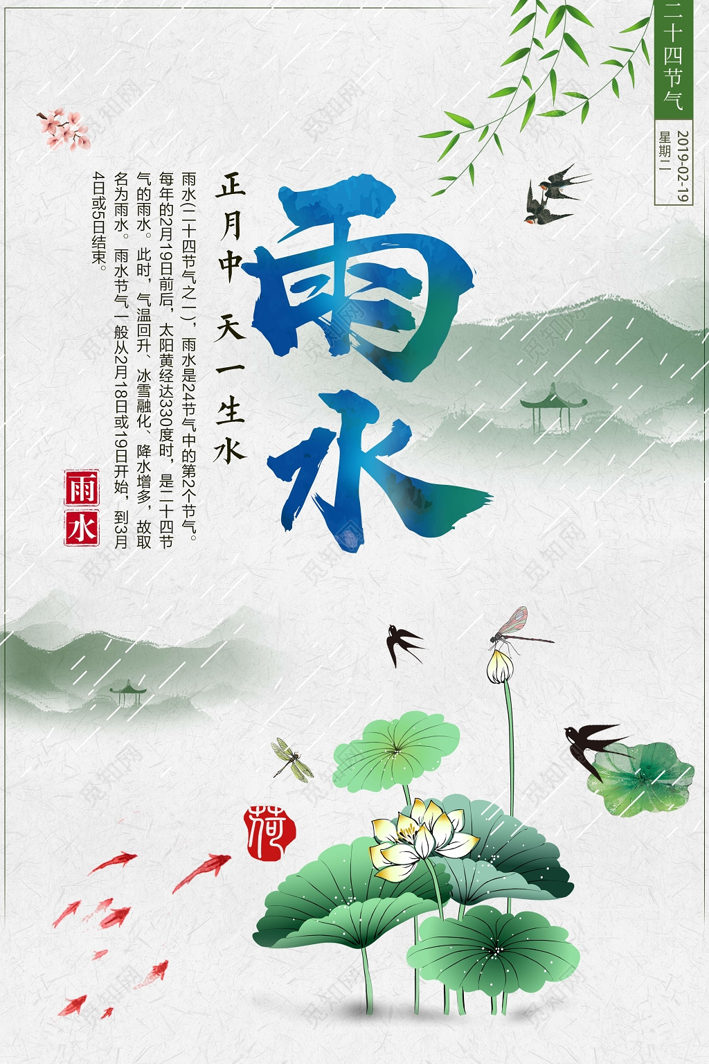 中国风中国传统节日二十四节气雨水海报设计