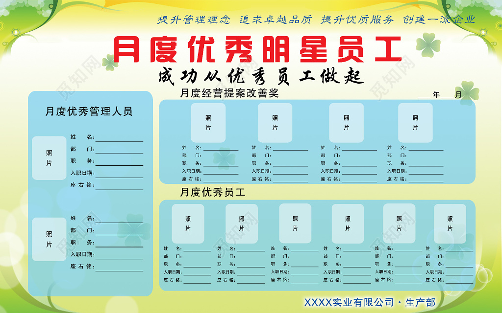 企业生产部月度优秀明星员工展板