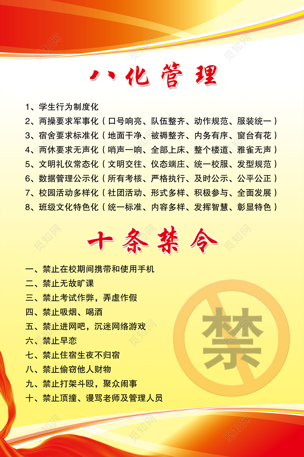 学校八化管理十条禁令简约展板