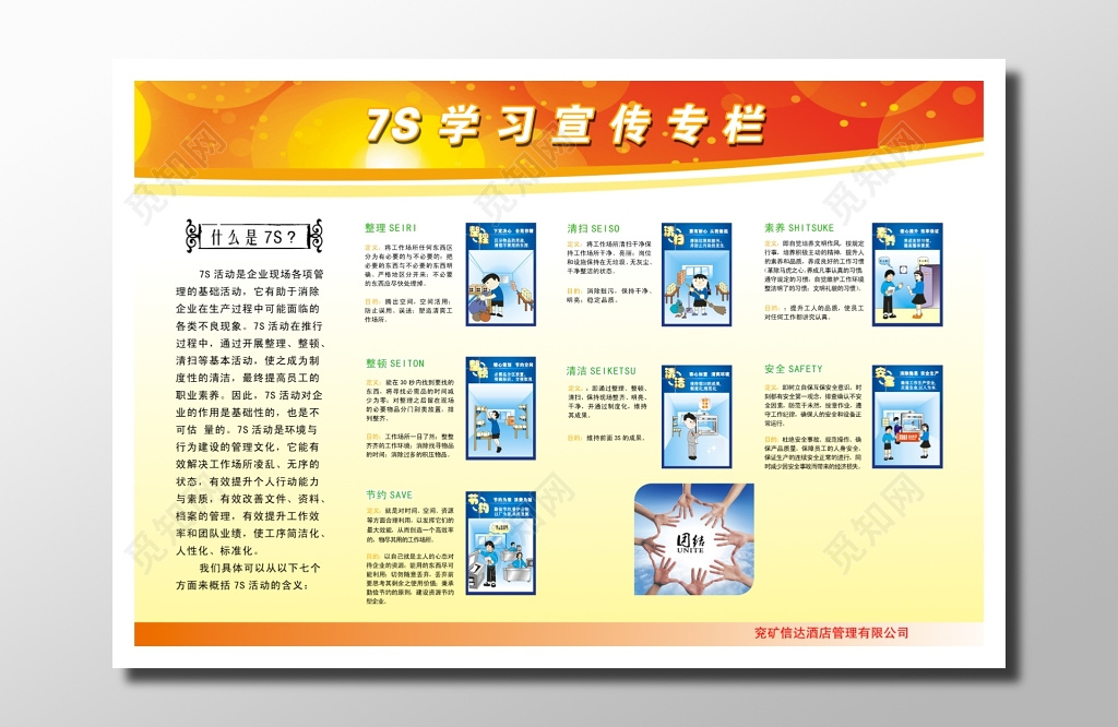 宣传企业现场管理问答科普橙色系7S学习整理清扫节约展板设计