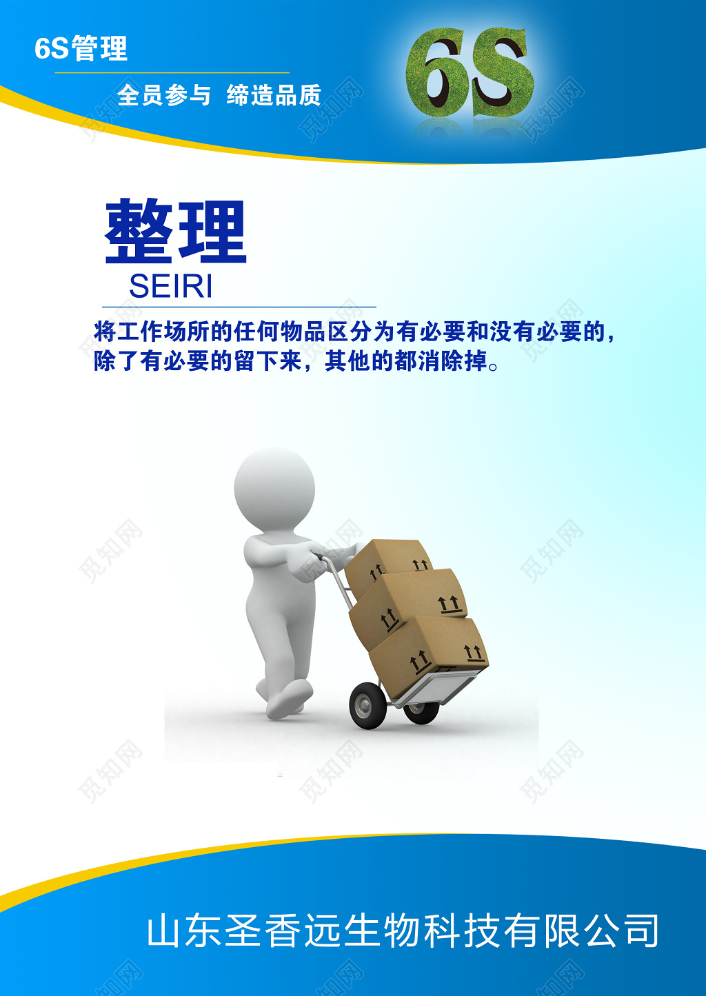 企业管理员工守则宣告蓝白6S管理整理全员缔造品质展板设计