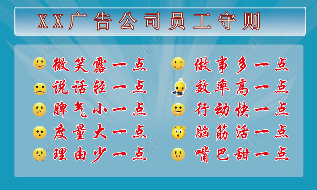 蓝色广告公司表情员工守则展板