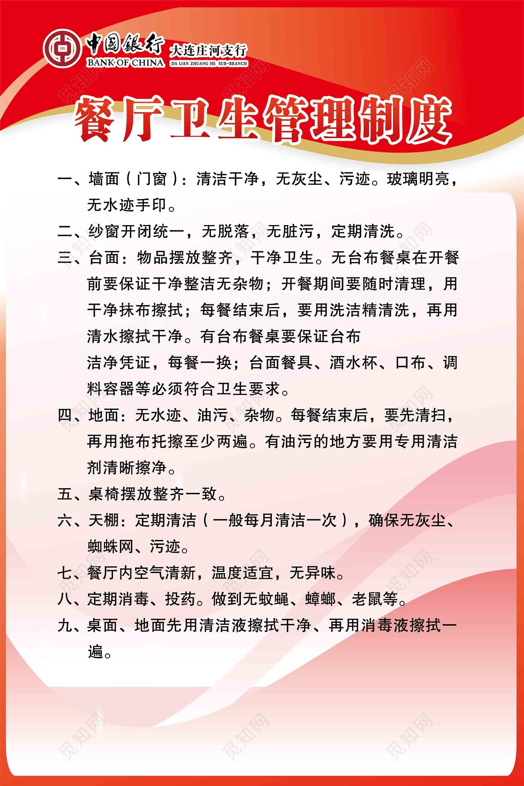 银行餐厅卫生管理制度牌