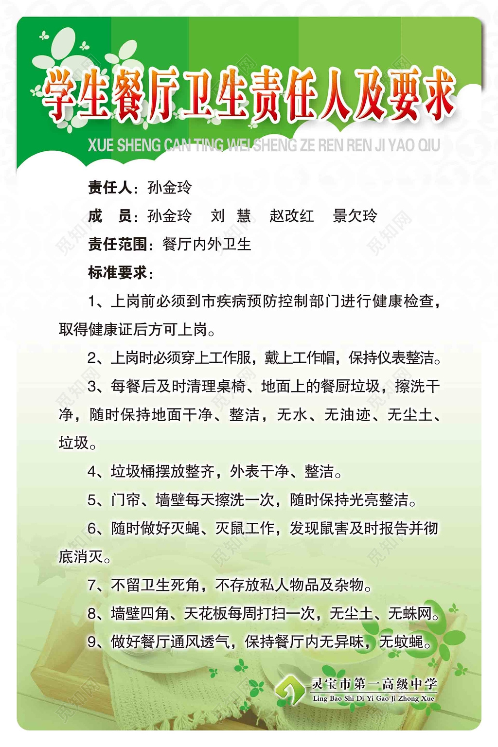 学生餐厅卫生责任人及要求制度牌