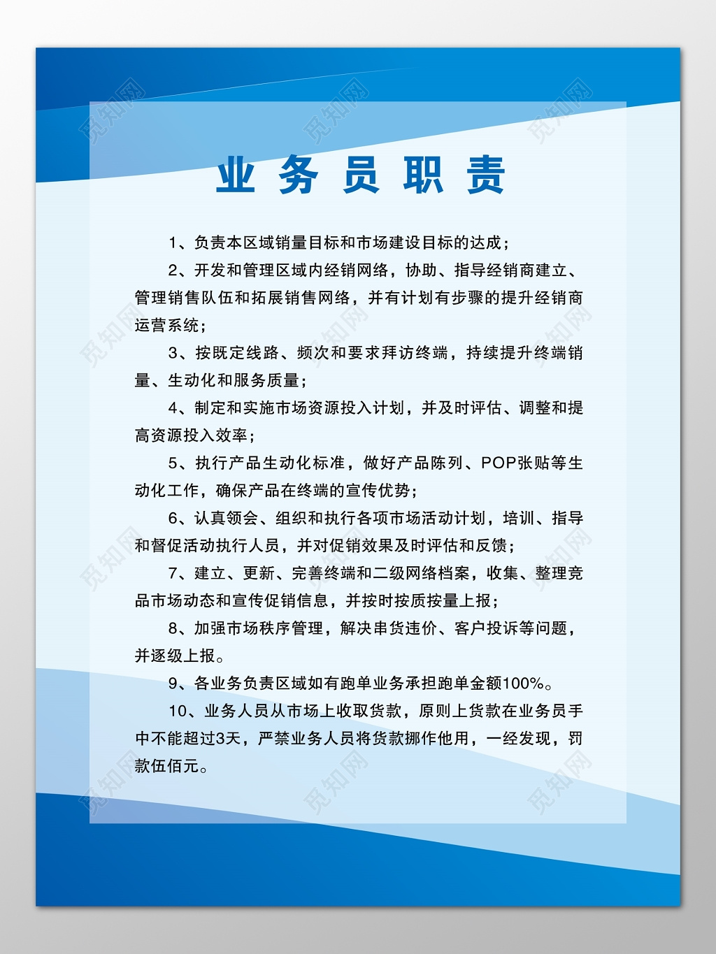 公司业务员职责达成区域销量目标市场建设目标制度牌