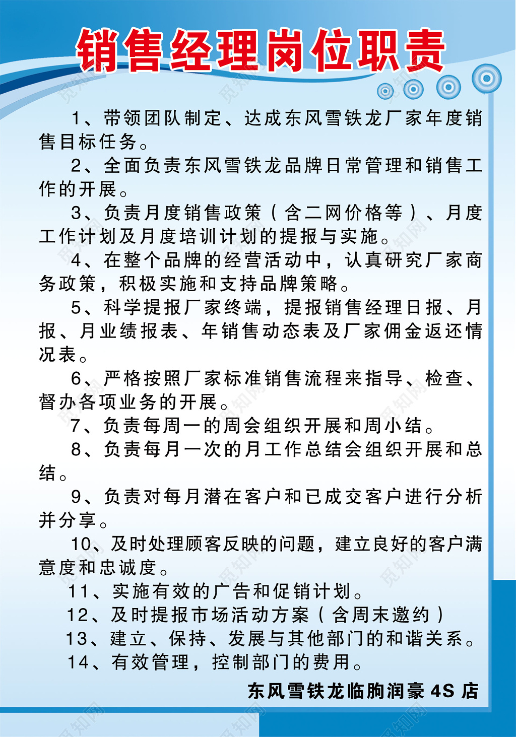 4S店销售经理岗位职责带领团队全面负责制度牌