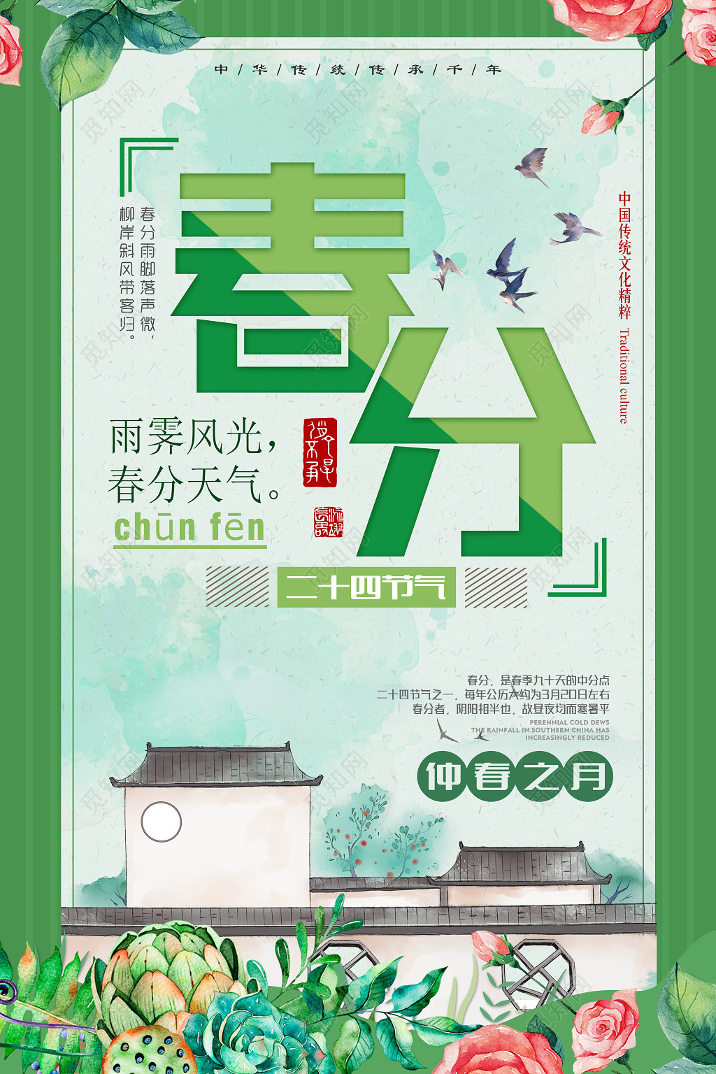 中国传统节日二十四节气春分仲春之月宣传广告海报