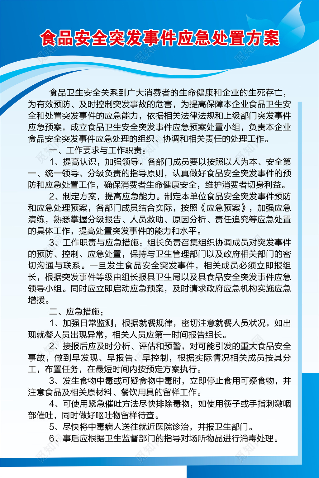 食品安全突发事件应急处置方案工作要求制度牌