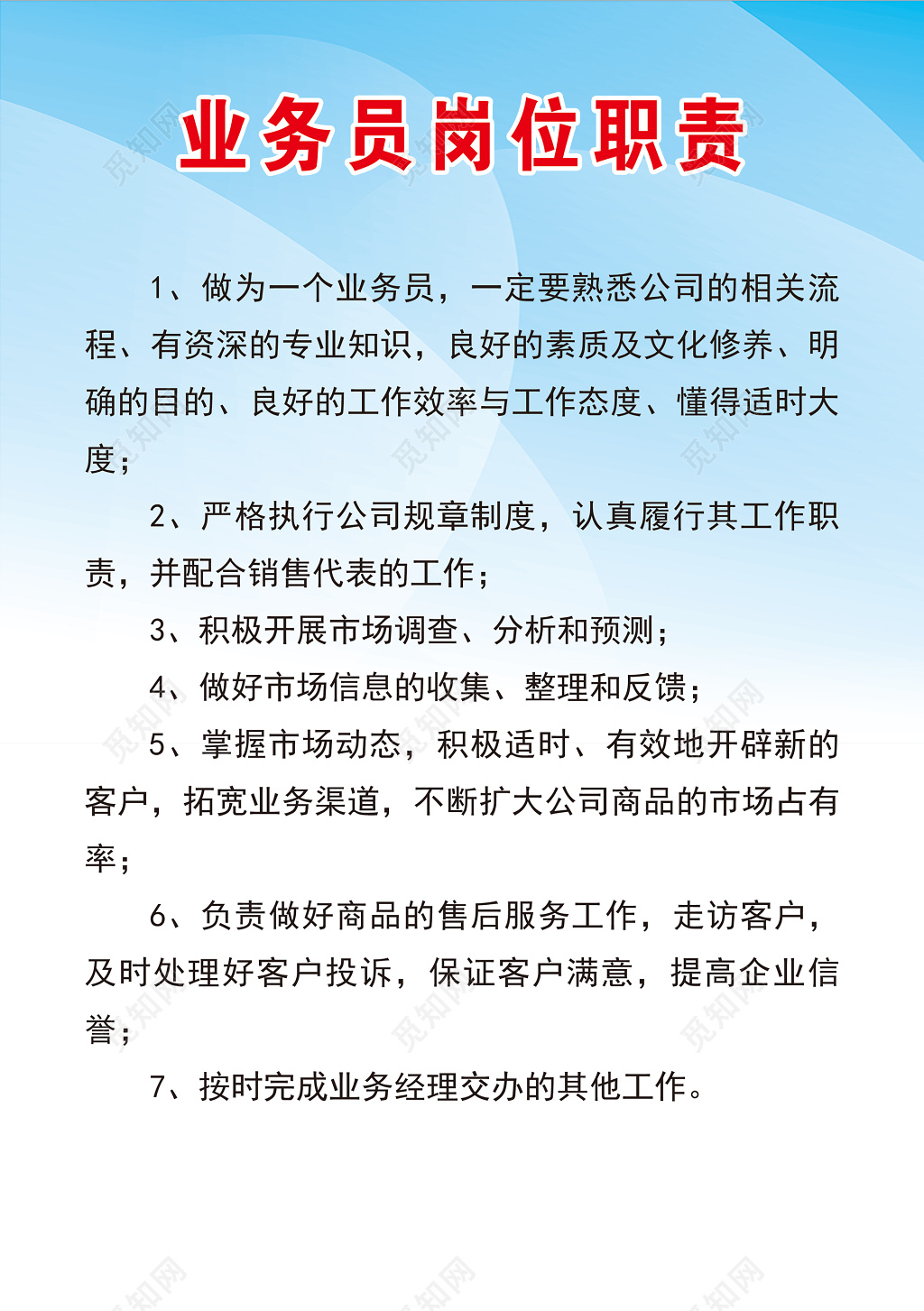 公司业务员岗位职责开展市场调查分析预测制度牌
