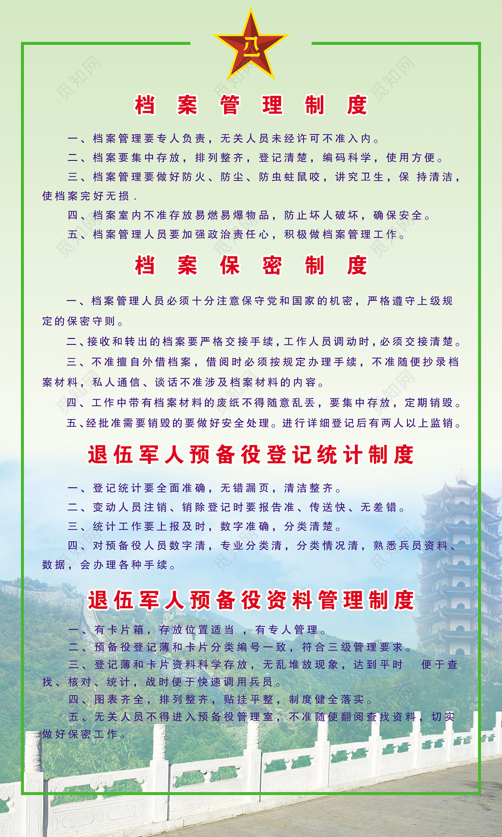 档案管理制度档案保密制度退伍军人预备役登记统计制度牌