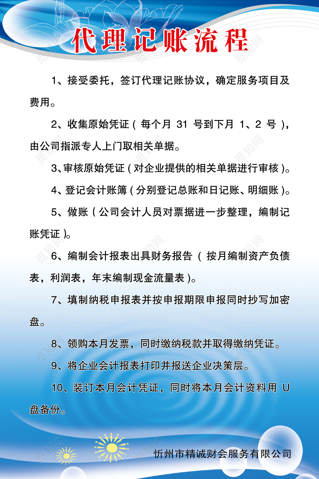 代理记账流程财会服务公司制度牌