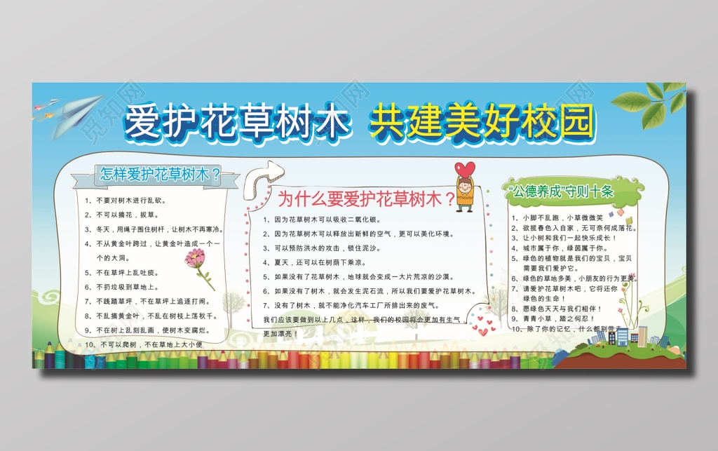 爱护花草树木共建美好家园文明展板