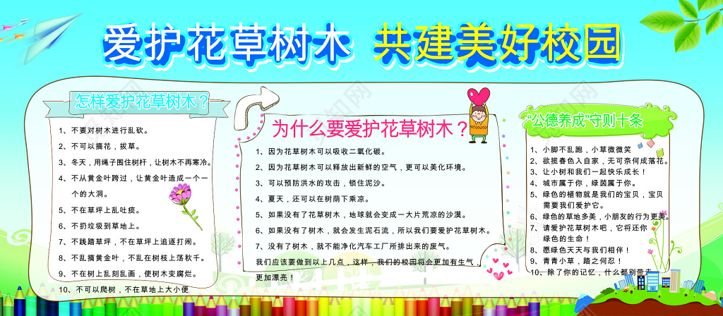 爱护花草树木共建美好家园文明展板