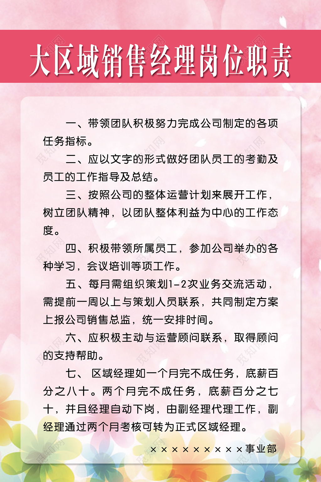 公司事业部大区域销售经理岗位职责制度牌
