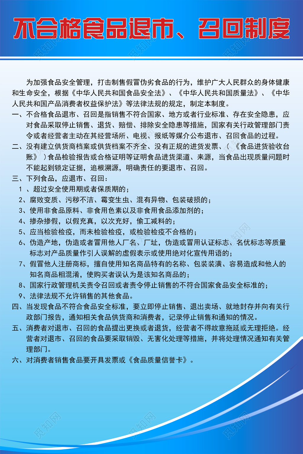 不合格食品退市召回食品安全管理制度牌