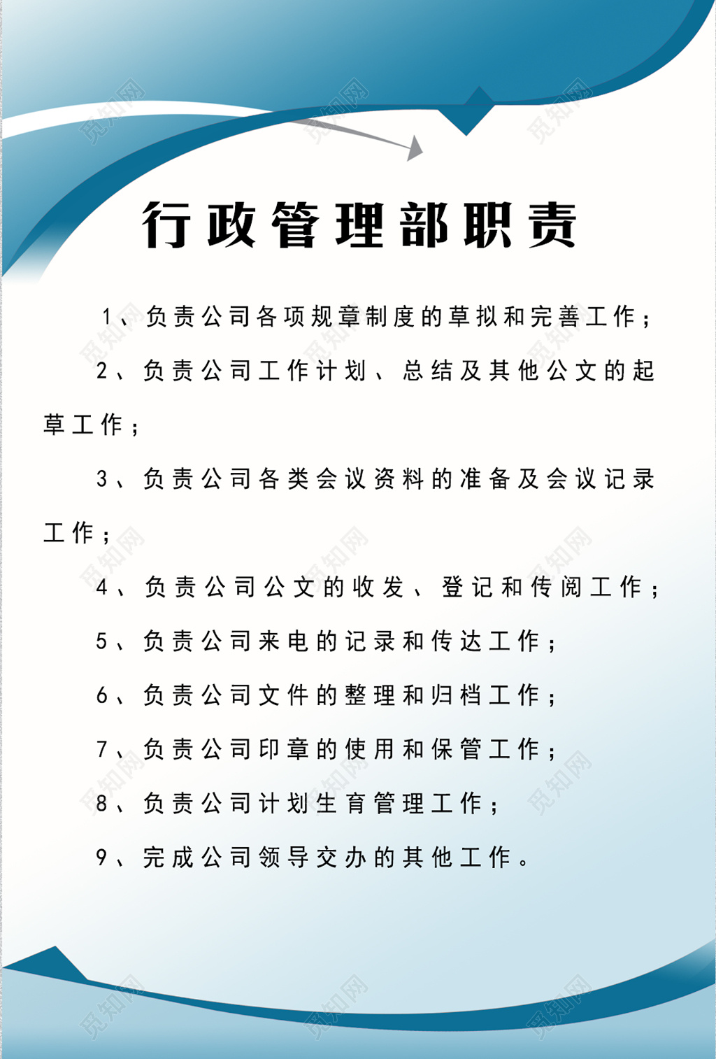 公司企业行政管理部工作岗位职责制度牌