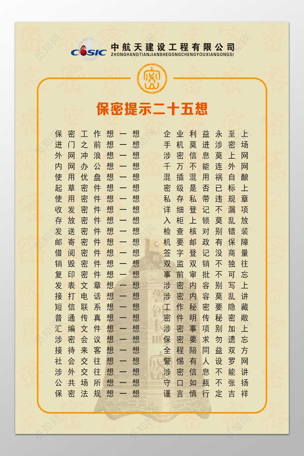 建设工程公司保密提示员工二十五想宣传栏