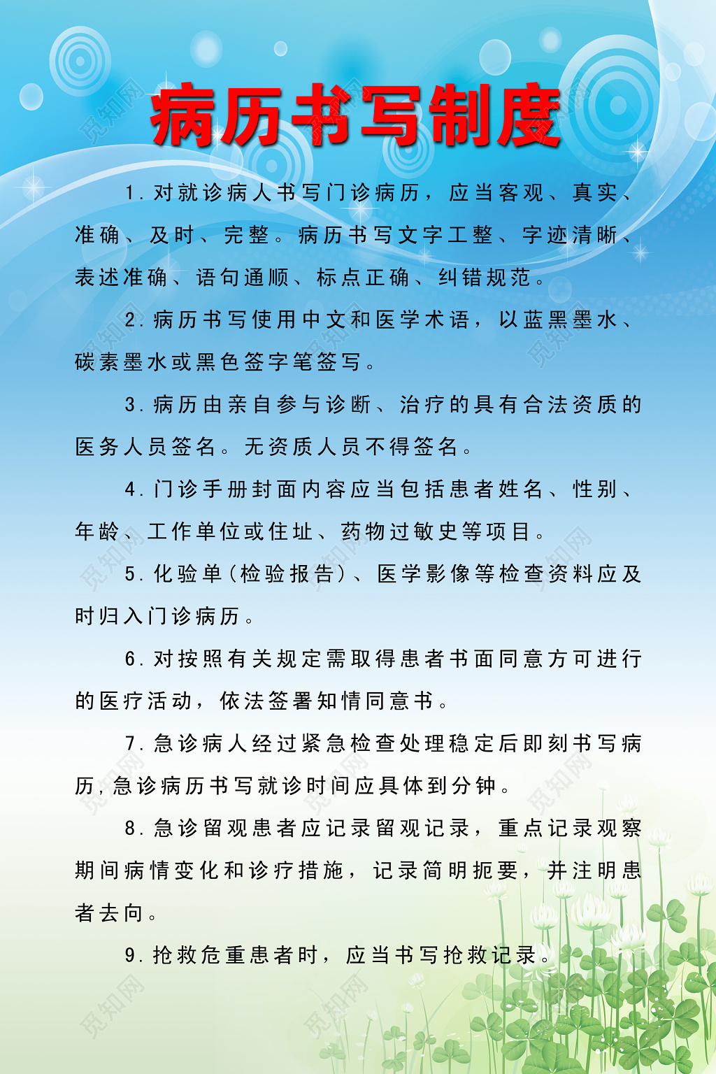 病历书写制度门诊管理制度和流程蓝色印花制度牌