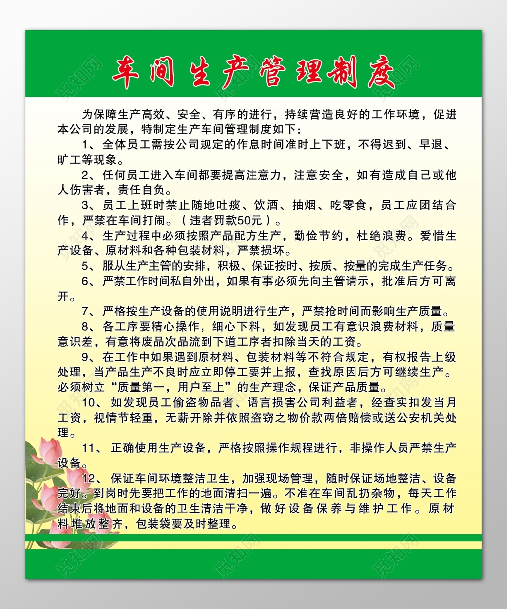 公司生产车间管理员工上班标准岗位职责制度牌