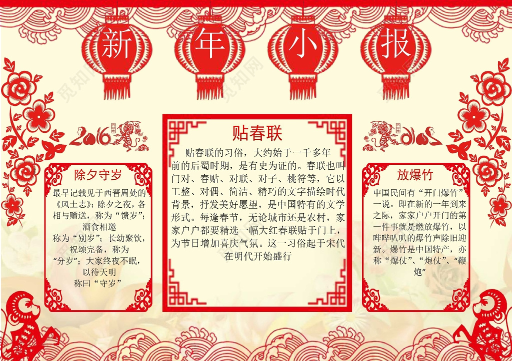 剪纸风新年快乐猪年小报春节喜庆手抄报word小报