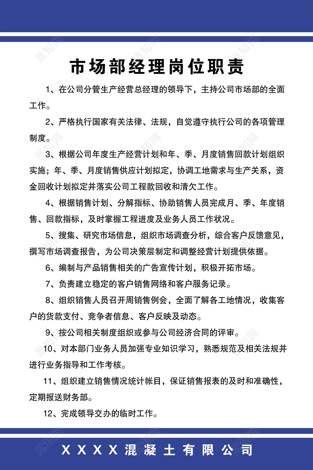 混凝土公司市场部经理岗位职责制度牌