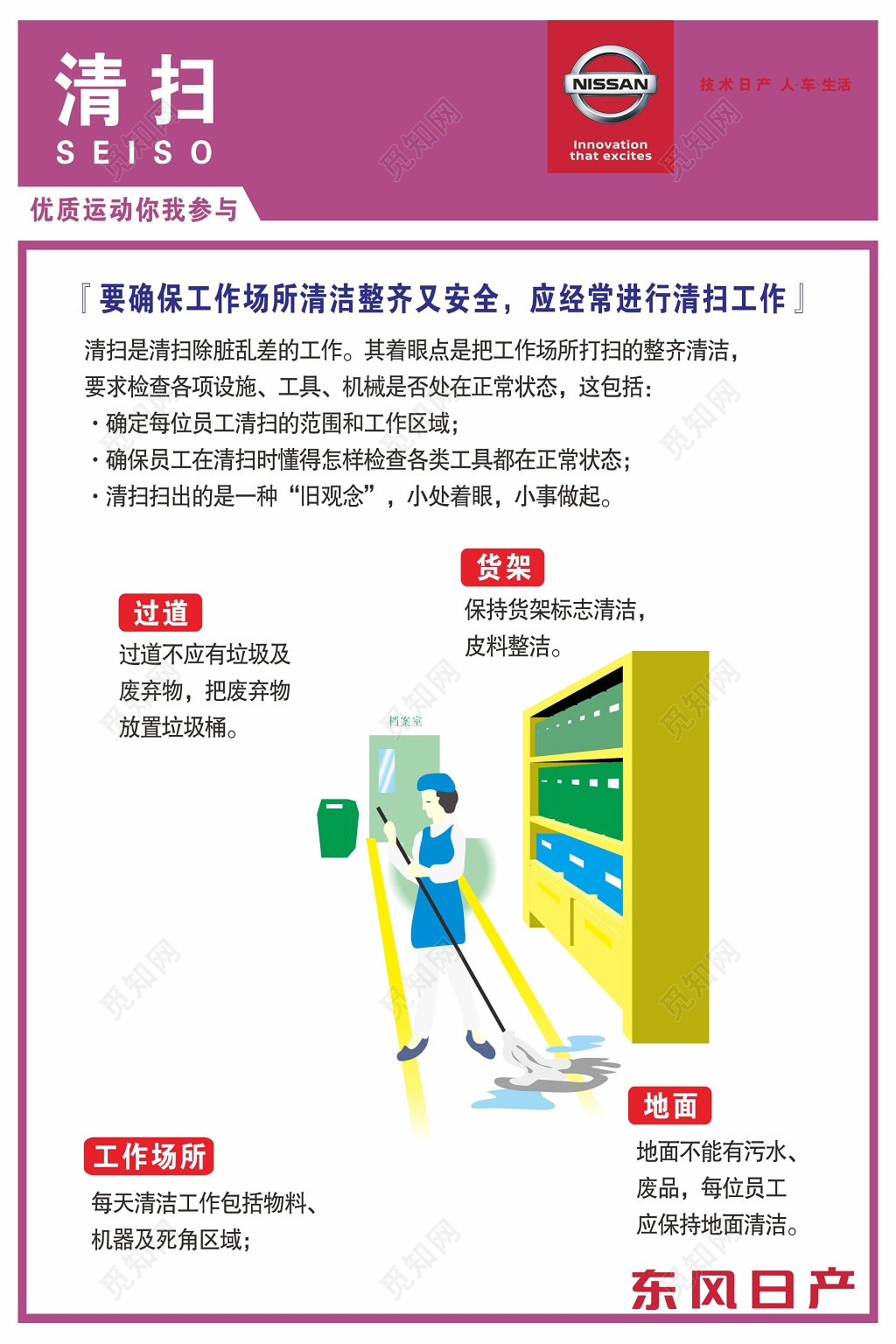 紫色清扫漫画6s管理制度文化海报