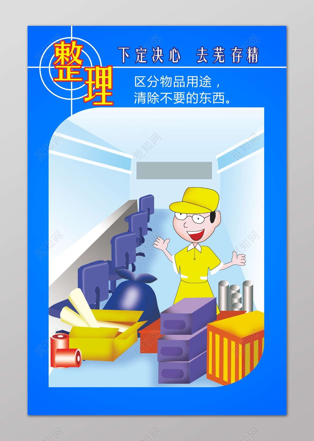 蓝色整理卡通6s管理制度文化海报