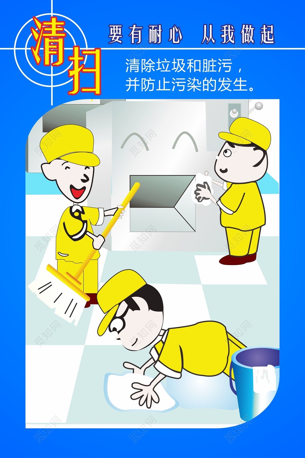 蓝色清扫卡通6s管理制度文化海报