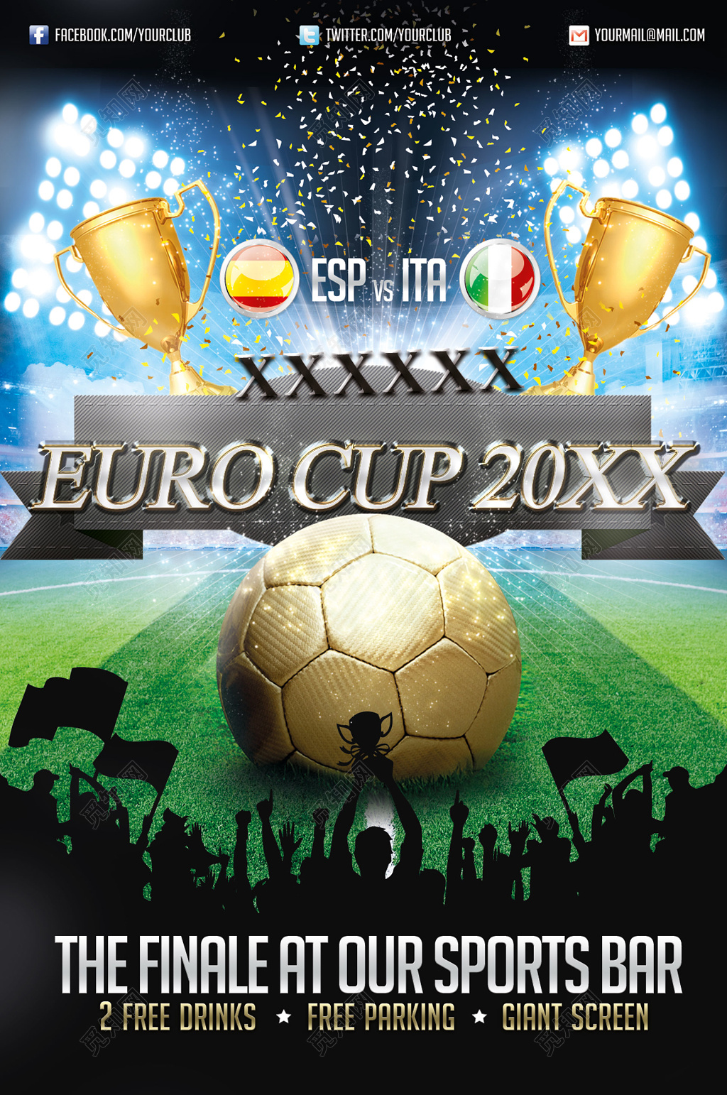 足球比赛欧洲杯奖杯绿色海报模板