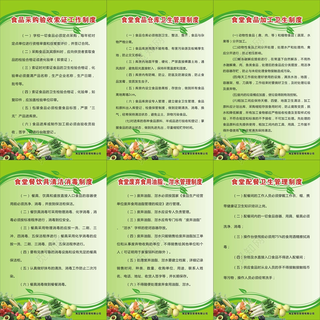餐厅食品采购验收索证工作及仓库管理及加工卫生等管理制度牌