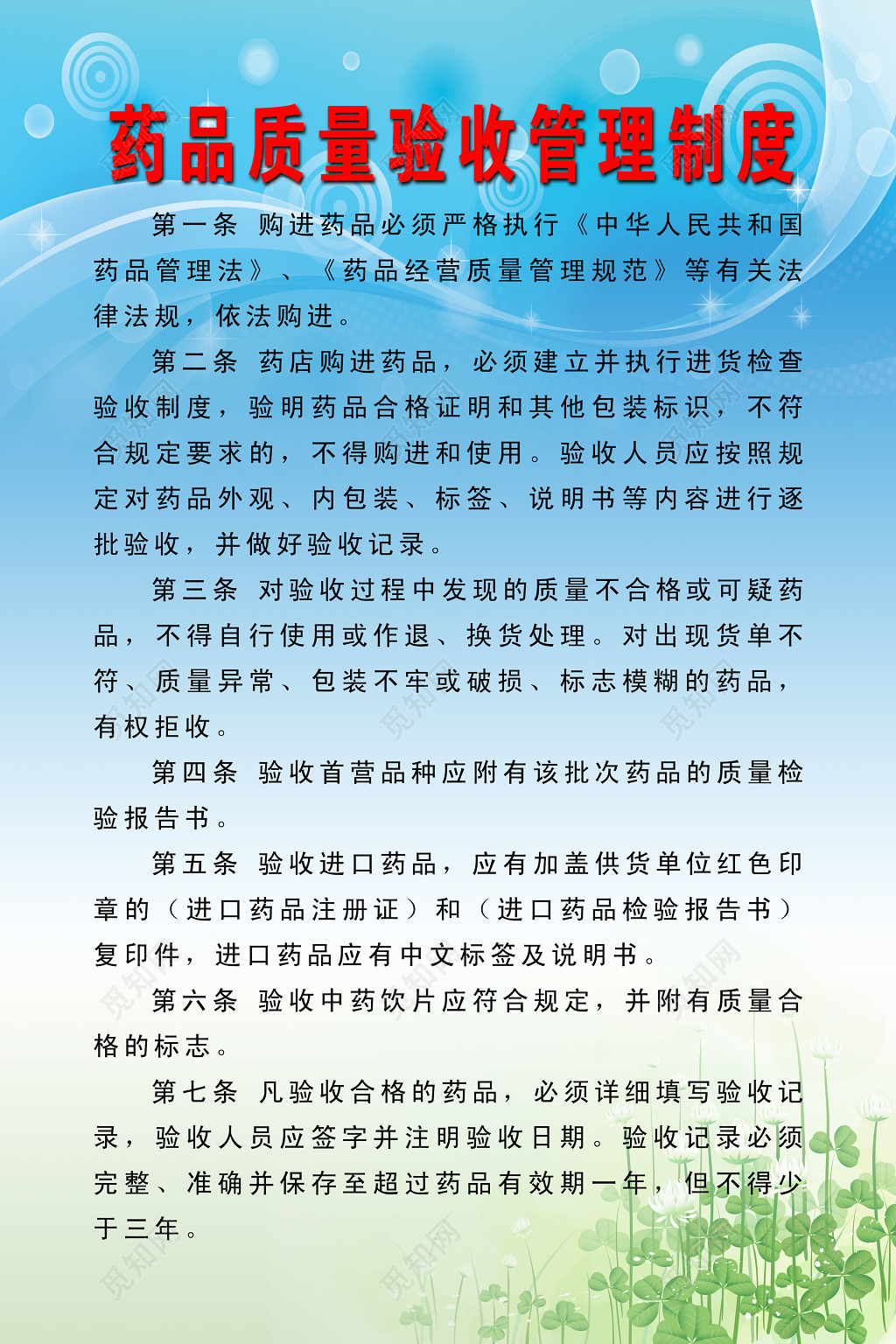 药品质量验收管理制度医疗机构规章制度蓝色制度牌
