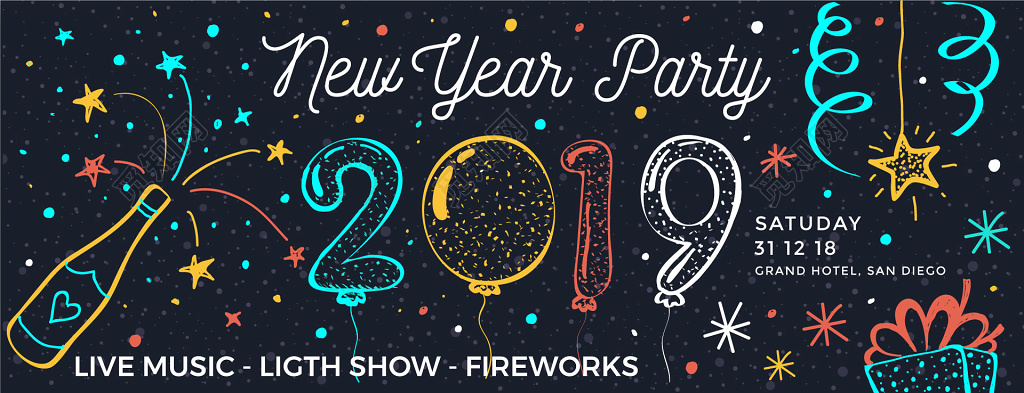 彩色涂鸦2019新年快乐海报