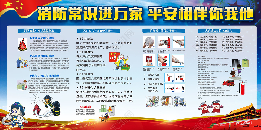 大气消防常识进万家平安相伴你我他119消防安全安全意识宣传栏