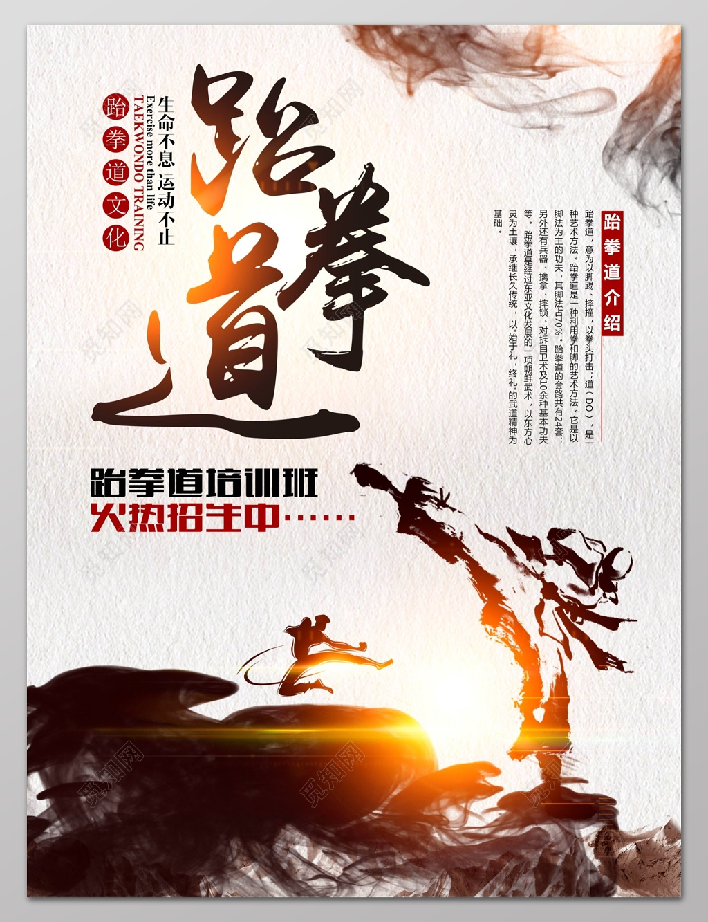传统文化跆拳道培训班火热招生中水墨海报设计