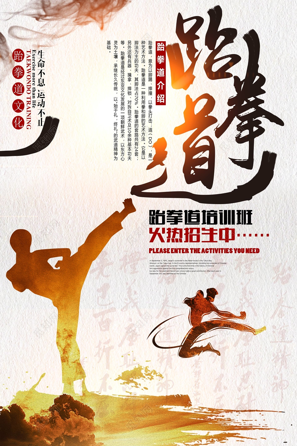 大气笔刷跆拳道培训班火热招生中海报设计