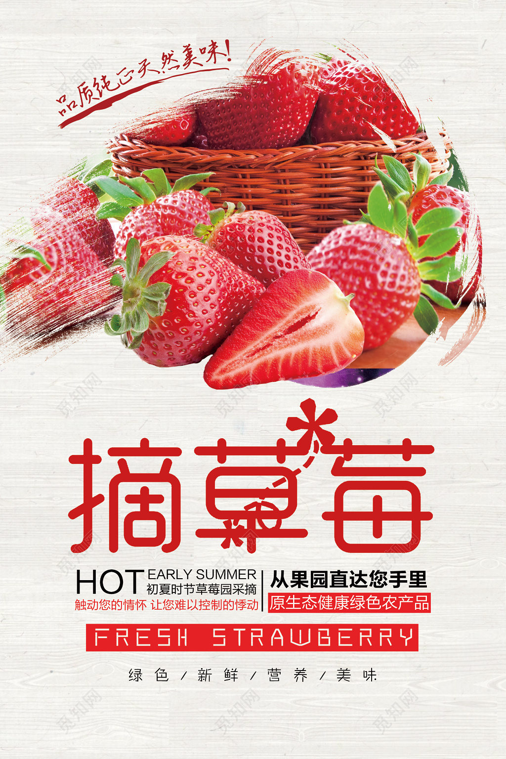 天然美味摘草莓水果宣传海报